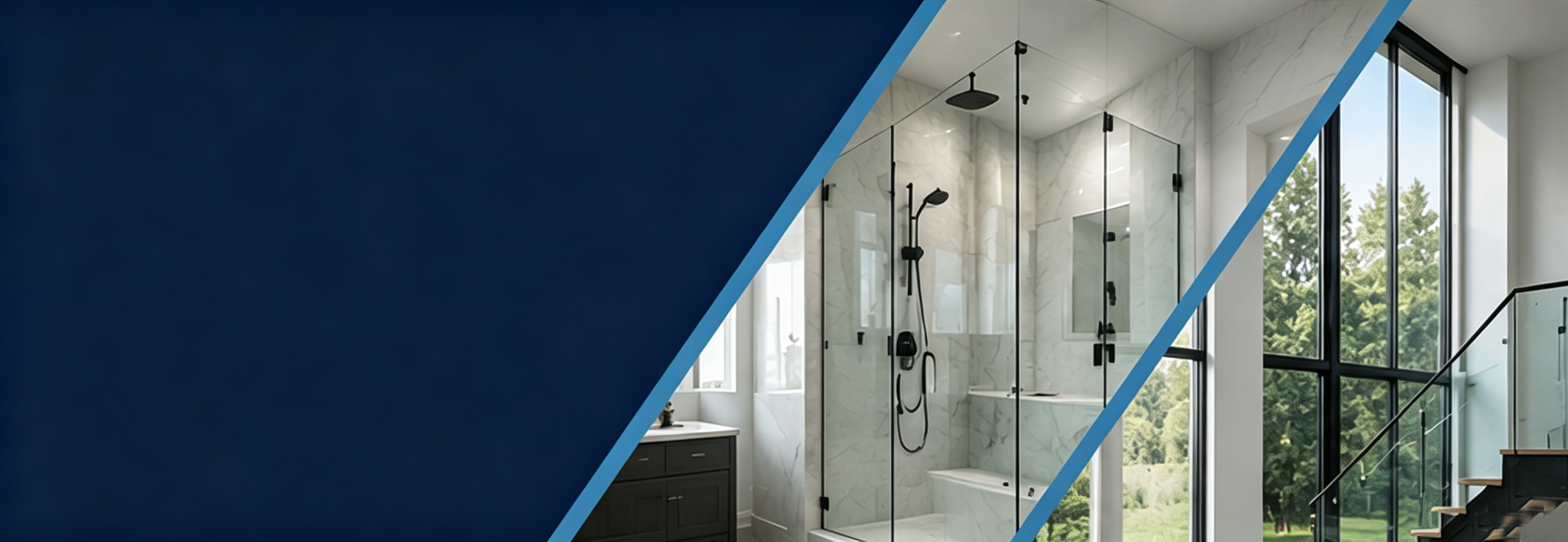 Custom glass shower enclosure and modern glass railing